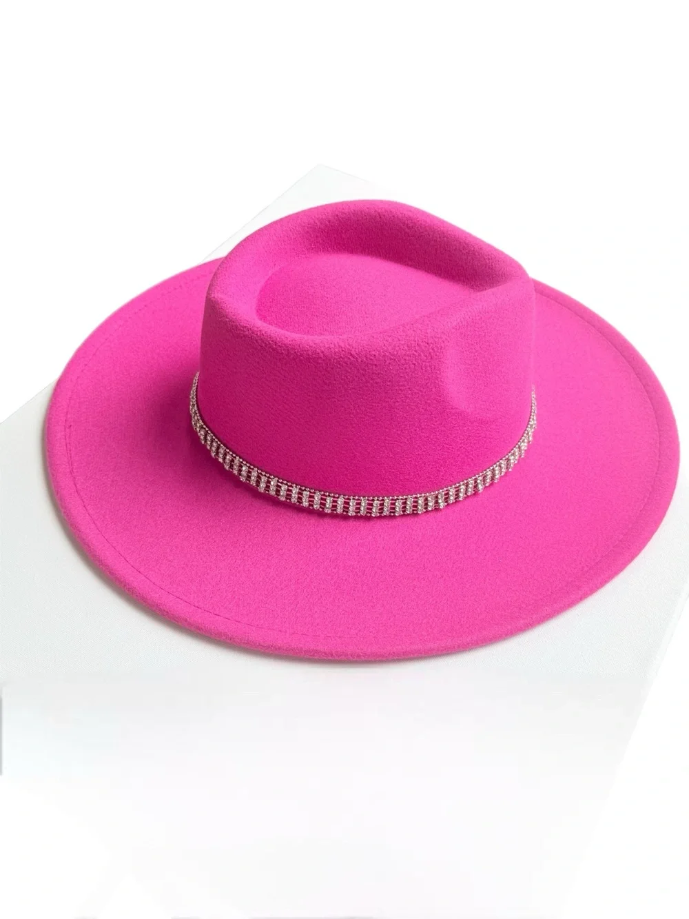 Fuchsia Rhinestone Buckle‎ Fedora Wide Brim Hat